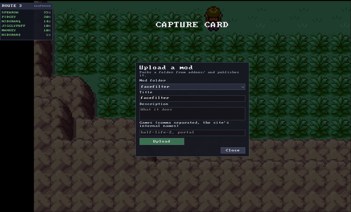 The Upload a mod panel, with fields for the folder, title, description and games.